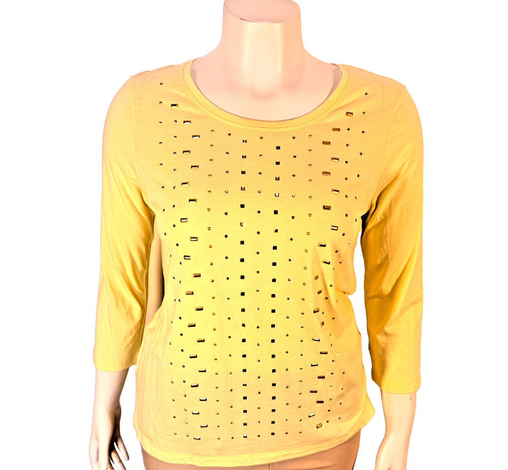 Chico's Top Womens M  ( 1 ) Yellow Gold Beaded 3/4 Sleeve Round Neck NWT
